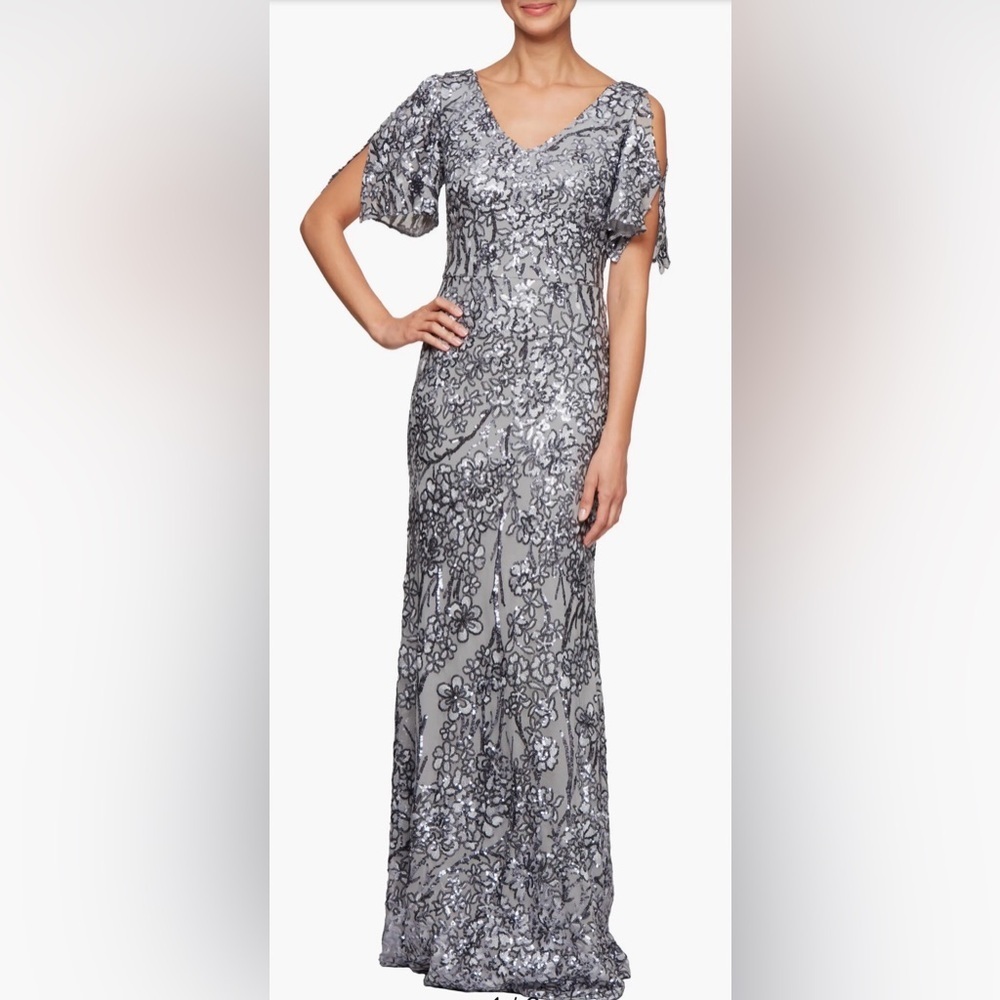 Alex Evenings Sequin Lace Cold Shoulder Trumpet Evening Gown